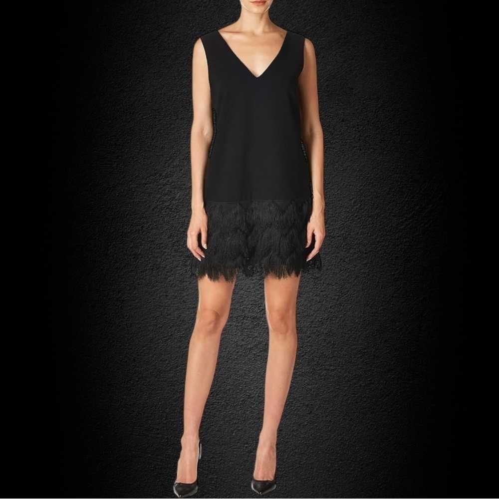 BCBGMaxAzria ‘Addilyn’ Fringe Trim Shift Dress in Black Size 6
